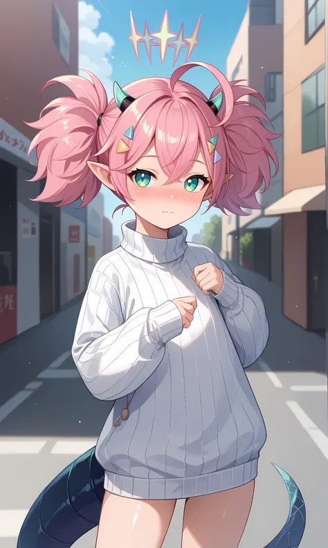 score_9, score_8_up, score_7_up, source_anime, 1girl, solo, outdoors, street, cowboy shot, standing, looking at viewer, shiny skin, momoka, green eyes, pink hair, short hair, ahoge, short twintails, pointy ears, tiny horns, hair ornament, dragon tail, halo...