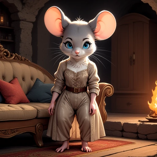 realistic 2d cartoon style of a beige mouse woman, blue eyes, adult, eyelashes, intricate fractal outfit, furry mouse lady, dark lit underground cave with intricate ornaments, cozy lighting, couch, wooden closet