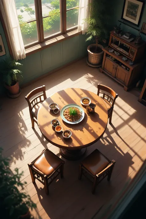 score_9, score_8_up, score_7_up, source_anime, rating_safe, day, natural lighting, dining room focus, CandiDR, no humans, CandiDR_2ndclutter, CandiDR_1stclutter, from above, negative space, scenery, intricately detailed illustration, depth of field, atmosp...