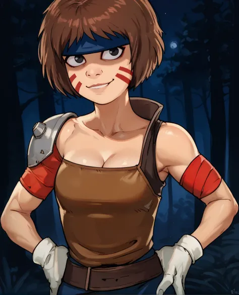 score_9,score_8_up,
smllbxl,brown hair,facial mark,black eyes,eyeliner,shaded face,smug,
headband,brown leather top,single shoulder pad,red armband,white gloves,hands on own hips,
cleavage,bare shoulders,toned,
night,forest,
<lora:SmellerbeeXL:0.9>,