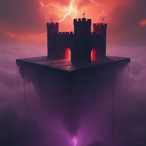 cpolldreamyfortress, cpolldfffitowd, floating fortress in the otherworld, otherworld, floating fortress, outdoor, orange sky, orange lightnings in sky, vivid purple mist, purple lightnings in vivid purple mist