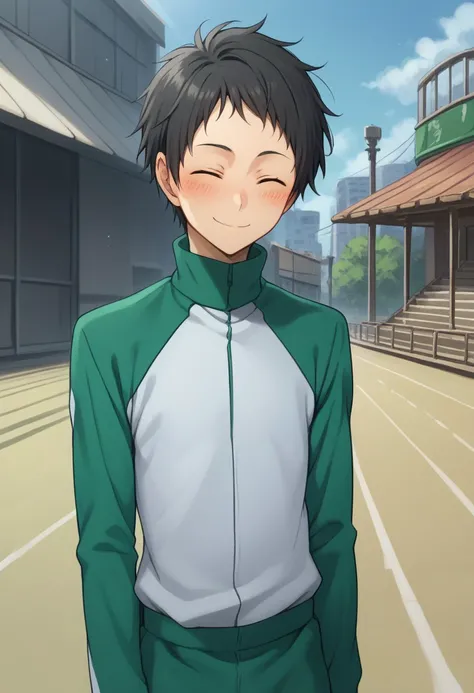 score_9, score_8_up, score_7_up, source_anime, highly detailed, 
mika, 1boy, male focus, solo, black hair, closed eyes, jacket, track jacket, raglan sleeves, green jacket, white jacket, smile, blush, 
outdoor,