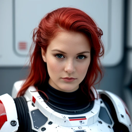 a cinematic high resolution 8k hyper photo realistic close up portrait of an american red head sapce warrior girl, soft low lighting, futuristic space world