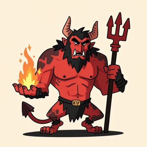 cutehalloween, This is a digital cartoon illustration of a red-skinned, horned demon with a muscular physique and black fur covering his legs and arms. He has a menacing, angry expression with a large nose and small, sharp teeth. He holds a trident in his ...