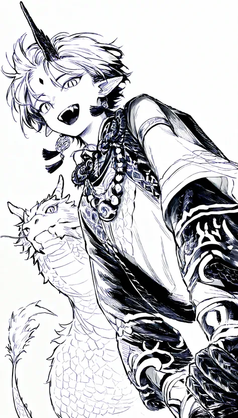 1boy, 1girl, original, solo, general, simple background, white background, upper body, from below, dutch angle, male focus, floating hair, looking at viewer, mouth mask, open mouth, fangs, fur-tipped tail, dragon tail, tongue, animal ears, single horn, cov...