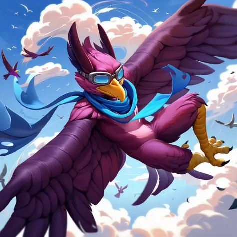 score_9_up, score_8_up, score_7_up, anthro, furry, wrastor, bird, avian, purple feathers, goggles, blue scarf, floating, sky, solo, 1boy, detailed background, sky, high above the world, flying