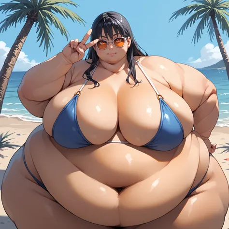 source_anime, score_9, score_8_up, score_7_up,
<lora:SyMix_Heavy_Pony_DoRA_v01a01-000020:1>
1girl, solo, cowboy shot, long hair, black hair, orange eyes, sunglasses, v, hand up, blue bikini, 
ussbbw, belly overhang, huge belly, wide hips, huge breasts, fat...