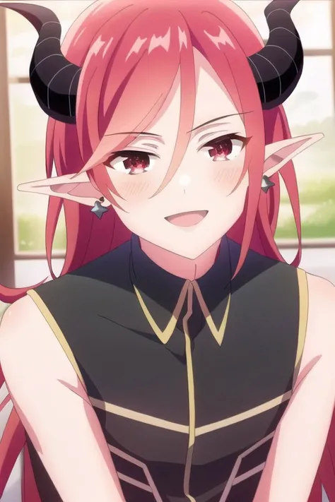 (masterpiece), sei utsuki, long hair, red hair, horns, pointy ears, red eyes, solo, 1boy, male focus, hair between eyes, looking at viewer, piercing, smile, blush, ear piercing, earrings, open mouth, demon horns