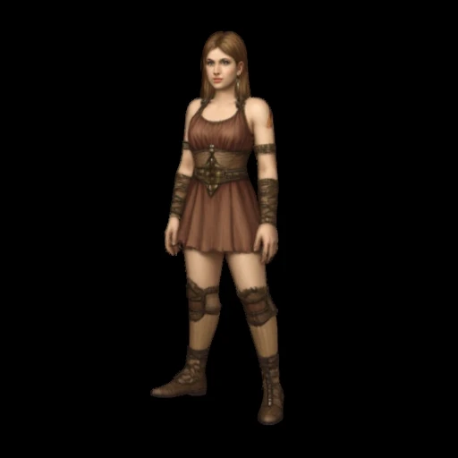 Female Warrior with long, brown, straight hair. She is waering a brown top, a brown skirt and brown shoes. Pitch Pitch Black Background.