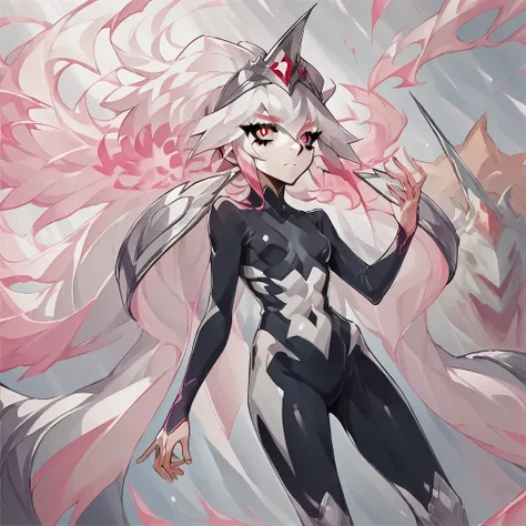 score_9, score_8_up, score_7_up, <lora:YugiohCenturionTrudeauV2:1> YugiohCenturionTrudeau, body suit, black bodysuit, 1 girl, white pattern, white hair, small breasts, crown, tiara, hair ornament, black and white bodysuit, tattoo, tattoo on torso, long hai...