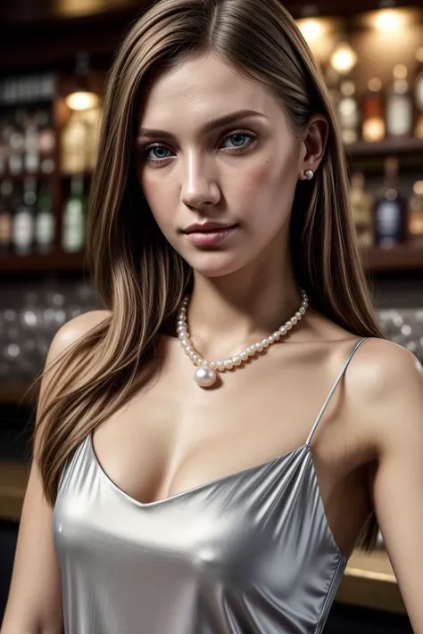 European woman, closeup, (shirt), pants, (at a bar), pearl necklace , (), ZM_poppy, wide shoulders, perfect face, (contact iris: 1.1), pale skin, skin pores , depth of field