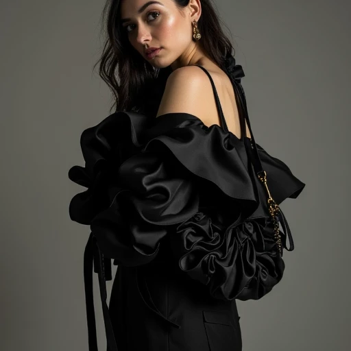 A professional model wearing BlackBag, a black satin crossbody with ruffled detailing, styled in a high-fashion editorial shoot. The models chic outfit contrasts with the sleek, gathered design of the BlackBag. The glossy texture of the bag shines under st...