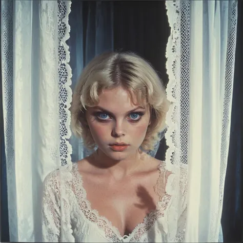 <lora:70s_Horror_MovieSDXL:1> ArsMovieStill, movie still from a 1970s horror movie, The image is a portrait of a young woman with blonde hair. She is looking directly at the camera with a serious expression on her face. The woman is wearing a white lace dr...