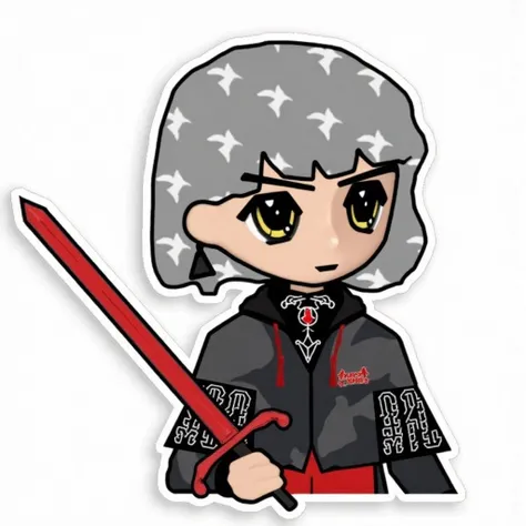 sticker, holding a sword, patterned hair, dark fantasy, knight, with a transparent background