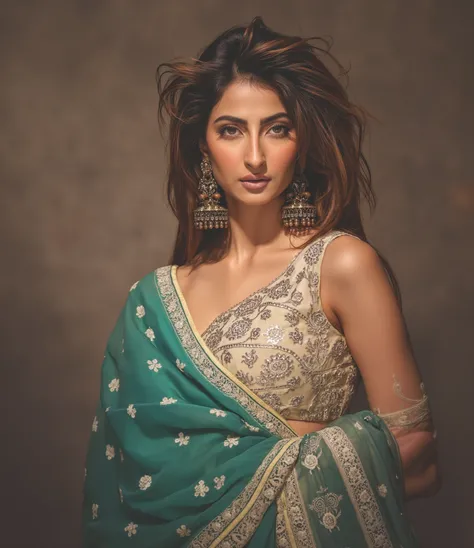 A stunning palak woman poses confidently in a striking saree with sleeveless blouse. Her gaze locks onto the camera with seductive intensity, as if daring onlookers to look away. The background is expertly blurred, drawing attention solely to her radiant p...