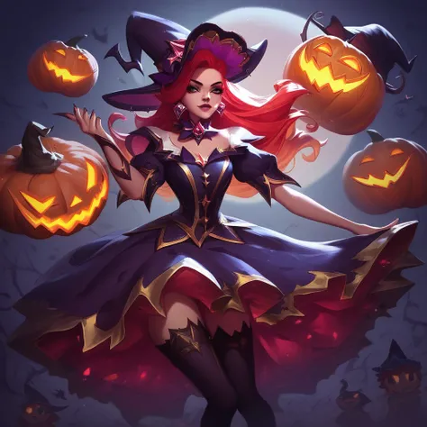 score_9, score_8_up, score_7_up, <lora:LOLHorrorsplashartsMIX:1>  1 girl, lolbewitchingsplashart,, Lolhorrorsplashartmix, jack-o-lantern, dress, thighhighs, hat, witch hat,  witch, dress, victorian dress, red hair, long hair, latina, latina woman