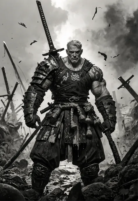 black and white, stoic tenjin demon warrior, muscular, awesome sword, samurai armor, old, scars, highly detailed, intricate, flames emanating from body, broken armor, battleground, foggy, ink-wash,  hyper detailed, ink tattoos, score_9, score_8_up, score_7...