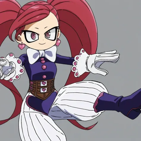 long sleeve, white parachute pants, twin tail hair, bang, white bow tie, black eyes liner, purple shirt, Long purple boots, earrings, long red hair, pink eyes, La Brava, white gloves, brown girdle