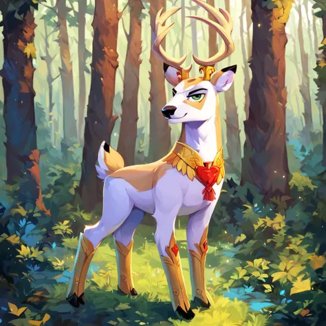 score_9_up, score_8_up, score_7_up, score_6_up, king aspen, deer, full body, solo, male, forest background, trees, looking at viewer, white fur, masterpiece, character focus, best quality