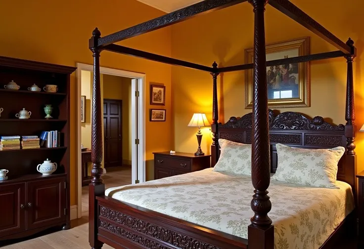 Indian_Building_Flux, A photo of a majestic mansion bedroom from India, with a vintage ambiance. Dominating the foreground is a four-poster bed with intricate carvings on its headboard. The bedspread has a floral pattern. To the left, theres a wooden shelf...