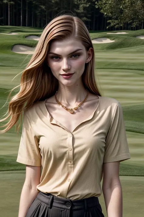 European woman, ZM_ann, closeup, (shirt), pants, (at a golf course), gold necklace , smiling , wide shoulders, perfect face, (contact iris: 1.1), pale skin, skin pores , depth of field, Dramatic, canon50, 8k