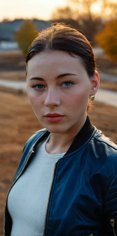 cinematic film still, facing the viewer, en face, beautiful face, tanned, make up, blue eyes, leather jacket, straight medium black hair, earrings, dark make up, golden hour, Kodak Portra 400, high-definition, cinematic shot, atmospheric perspective, high-...