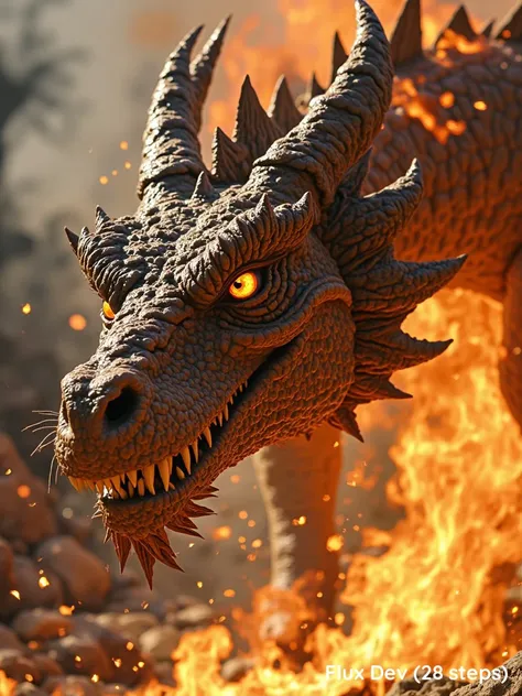 dynamic cinematic closeup of an ancient dragon, its face emerging from a swirling maelstrom of fire and smoke. its glowing eyes ...