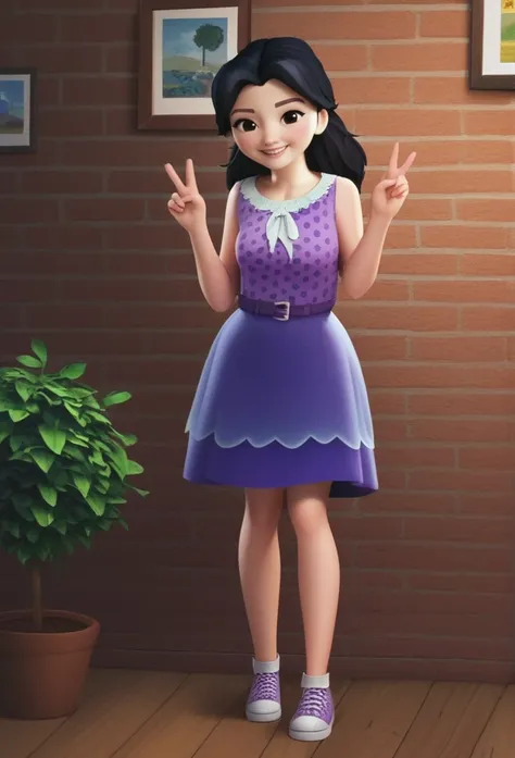 (zPDXL3) source_cartoon,
emma_lego, black hair, long hair, black eyes, polka dot dress, purple dress, sleeveless, belt, shoes, smile, teeth, blush, peace sign, full body,
indoors, looking at viewer, brick wall background with hanging paintings, wood floori...