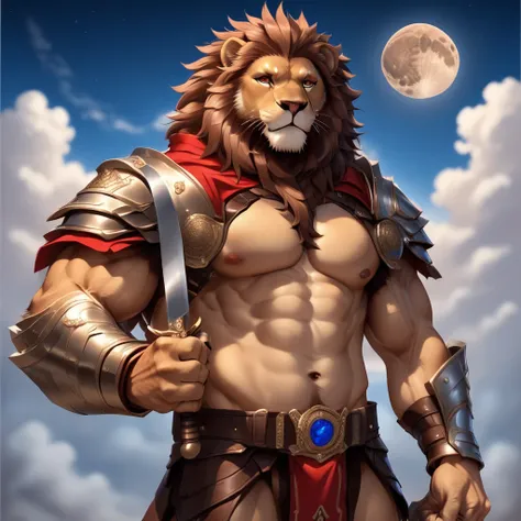 reference sheet, athletic body, gladiator armor, abs, brown eyes, full moon, holding weapon, pubic hair, male furry, athletic male, cloud, bara, leather belt, muscular furry, cum, lion boy, uncensored, large pectorals, brown fur, red cape, after anal, musc...