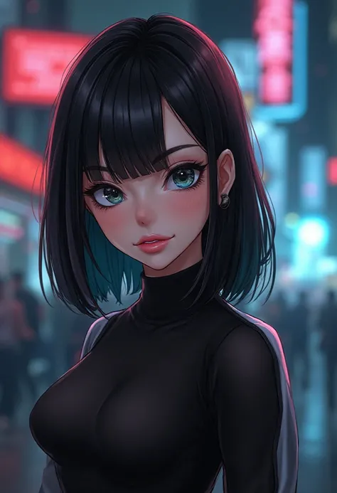 anime style woman in a cyberpunk setting front view, full black shirt