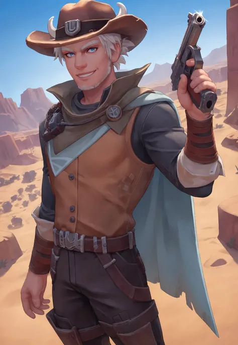 score_9, score_8_up, source_anime, cartoon, Logan, facial hair, cowboy hat with horns, vest, cape, belt, blue eyes, muscular, desert, town in the background, holding a gun, (dynamic pose, dutch angle, cowboy shot), smile, looking at viewer