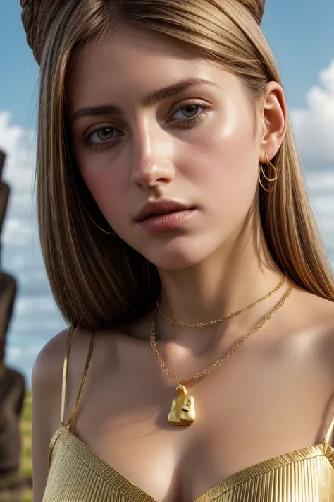 European woman, closeup, (shirt), pants, (Easter Island Moai), gold necklace , (), ZM_cassidy, wide shoulders, perfect face, (contact iris: 1.1), pale skin, skin pores , depth of field