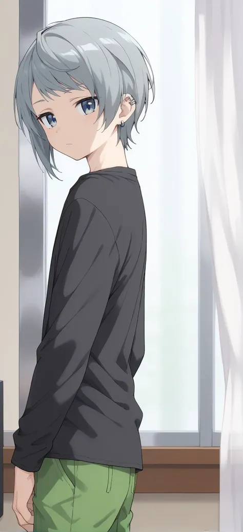 1boy,solo,male focus,tsuyoshi,grey hair,short hair,blue eyes,grey eyes,earrings,black shirt,green pants