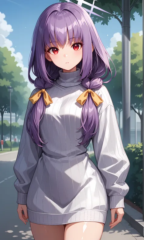  score_9, score_8_up, score_7_up, source_anime, 1girl, solo, outdoors, park, cowboy shot, standing, looking at viewer, shiny skin, atsuko, red eyes, purple hair, long hair, low twintails, yellow ribbon, hair ribbon, halo, ribbed sweater, sweater dress, tur...