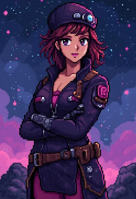 pixel art portrait of a female space pirate, sci-fi explorer, outerspace background