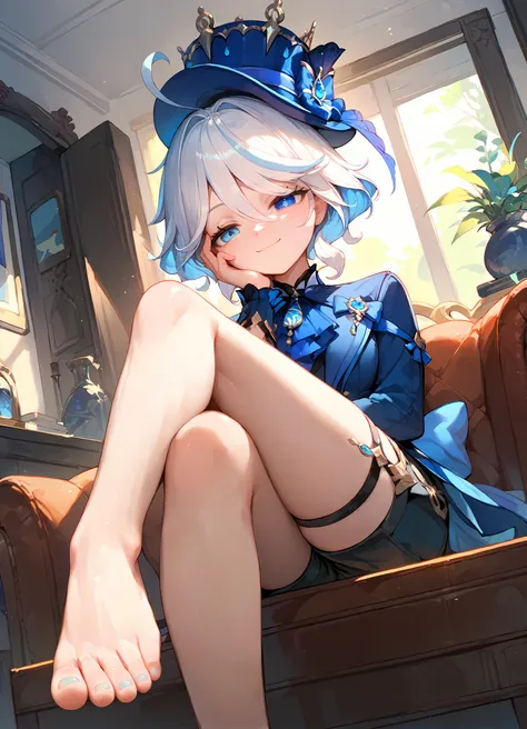 (score_9, score_8_up, score_7_up), 1girl, furina, heterochromia, short hair, black shorts, blue hat, barefoot, crossed legs, sit...