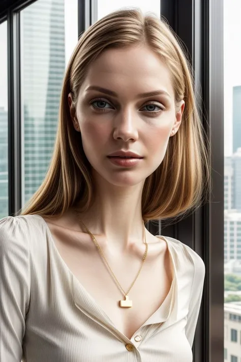 European woman, closeup, (shirt), pants, (skyscraper window), gold necklace , (), ZM_onni, wide shoulders, perfect face, (contact iris: 1.1), pale skin, skin pores , depth of field