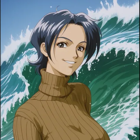 standing, upper body, smile, turtleneck, wave, looking at viewer, solo, 1girl
