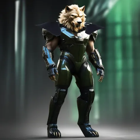 brown fur, blue eyes, gauntlets, facing forward, male focus, view from behind, black body armor, armor, claws, looking at viewer, side view, lion, 1boy, standing, futuristic exo-suit, stifle legs, yellow eyes, jumping, running, black armor, from behind, gr...