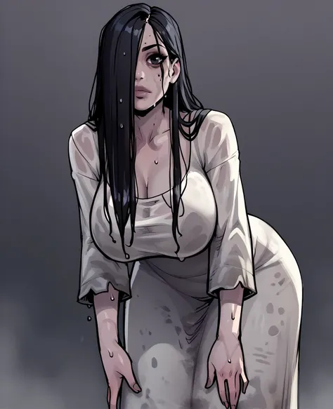 score_9,score_8_up,
theonryoxl,long black hair, curvy,large breasts,leaning forward,  hair over one eye,  black eyes, 
dirty white dress with sleeves,solo,wet,
dark room,static,
<lora:TheOnryoLxl:0.8>,