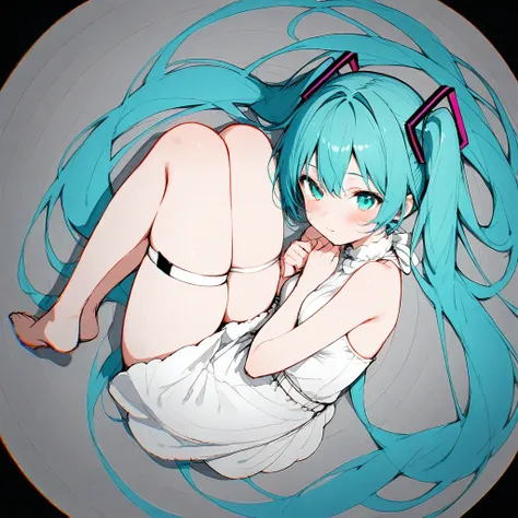 hatsune miku, 
aqua hair, long hair, twintails, hair ornament, 
blush,
rurudo, 
dress, chromatic aberration, high contrast, flat color, graphite (medium), sketch, 
lying, on side, thighs, thigh strap, fetal position, spiral, spot color, 
fisheye, perspecti...