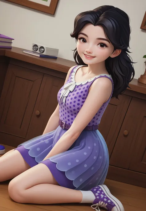 safe_pos, (zPDXL3) source_cartoon, solo, 1girl, full body, emma_lego, black hair, long hair, black eyes, polka dot dress, purple dress, sleeveless, belt, shoes, indoors, art gallery, sexy, dynamic angle, looking at viewer, smiling,