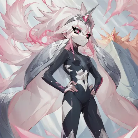 score_9, score_8_up, score_7_up, <lora:YugiohCenturionTrudeauV2:1> YugiohCenturionTrudeau, body suit, black bodysuit, 1 girl, white pattern, white hair, small breasts, crown, tiara, hair ornament, black and white bodysuit, tattoo, tattoo on torso, long hai...