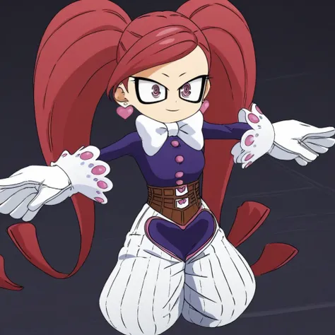 twin tail hair, pink eyes, earrings, long sleeve, white parachute pants, brown girdle, white bow tie, bang, long red hair, white gloves, black eyes liner, La Brava, Long purple boots, purple shirt