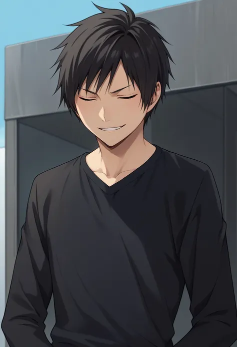 score_9, score_8_up, score_7_up, source_anime, highly detailed, 
izaya, 1boy, male focus, solo, black hair, short hair, closed eyes, jacket, shirt, black shirt, long sleeves,smirk
outdoor,