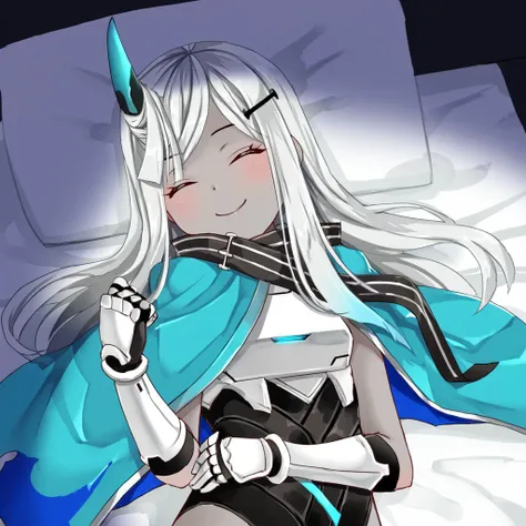 score_9
1girl
gu1ll0t1n3_ms, gray skin, blue eyes, silver hair, horn, long hair, sidelocks, hairclip, white breastplate, black bodysuit, metalic white boots, white gauntlet, blueish cape, black scarf, blue scarf, dual-colored scarf, no sword,
smiling, bed,...