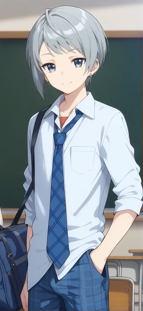 1boy,solo,male focus,tsuyoshi,grey hair,short hair,blue eyes,grey eyes,earrings,collared shirt,necktie,pants,tartan pants,bag,,classroom,smile