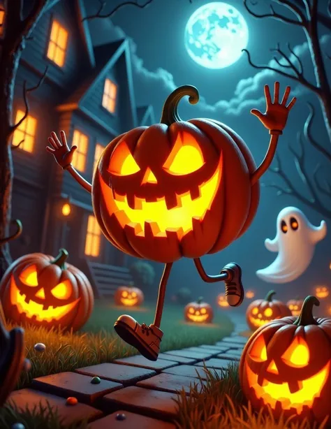 LXDHalloween, a playful and whimsical jack-o-lantern with glowing eyes and a wide, toothy grin. The pumpkin, animated with arms and legs, runs joyfully through a Halloween-themed scene. In the background, a ghost looks surprised, and additional pumpkins gl...