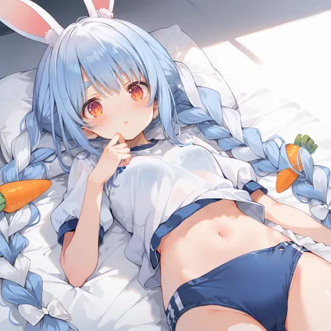 core_9,score_8_up,score_7_up,source_anime,high res image,masterpiece,best quality,(girl:1),cute face,clear skin,shiny hair,pekochan_nml,1girl,animal ears,long hair,rabbit ears,carrot hair ornament,blue hair,hair ornament,food-themed hair ornament,twin brai...