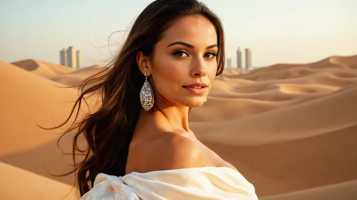 iphone photography, LAILAAIA An elegant woman poses against a backdrop of rolling sand dunes, her hair styled in loose waves that cascade down her back. She is dressed in a flowing, white silk gown, the fabric contrasting sharply with the warm hues of the ...